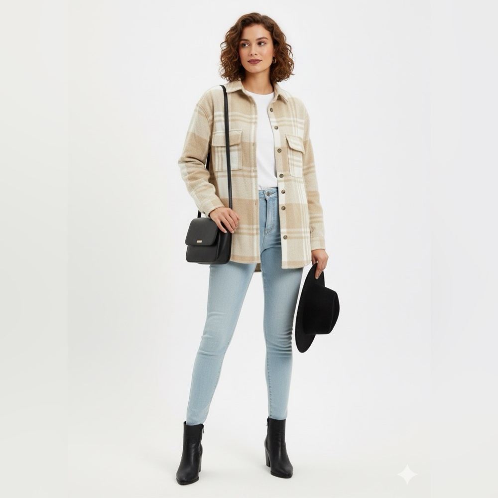 🆕 Ardene | Tan and White Plaid Checkered Flannel Shacket Jacket Chest Pockets - Picture 2 of 9